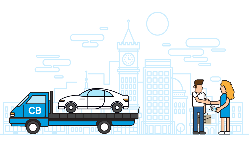 Drawing of tow car with vehicle and a Salesman making deal with woman on city background